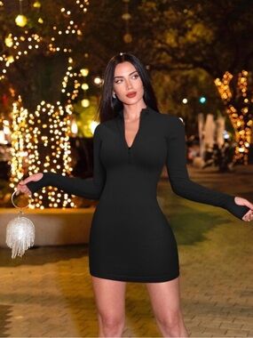 OQQ Black Long-Sleeve Zip Front Bodycon Dress. Compression and tummy control.